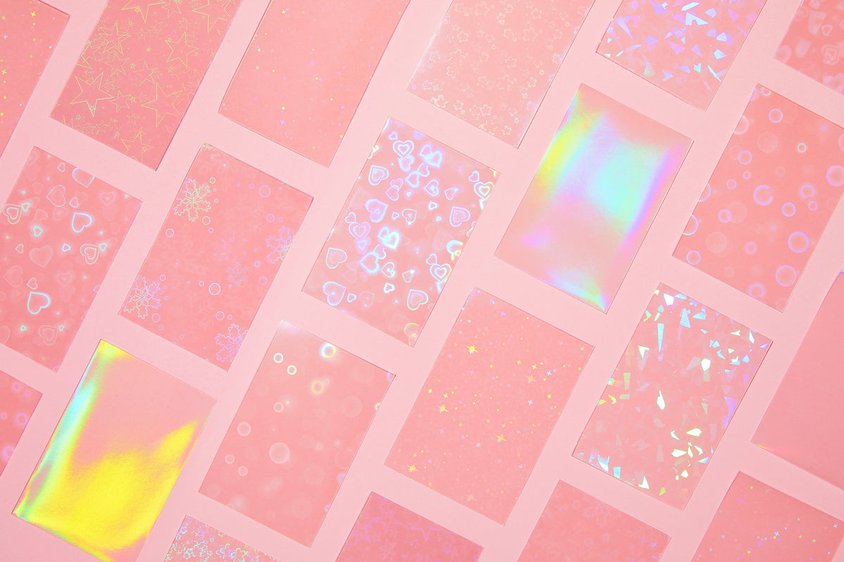 Collection of holographic K-pop photocard sleeves in different patterns
