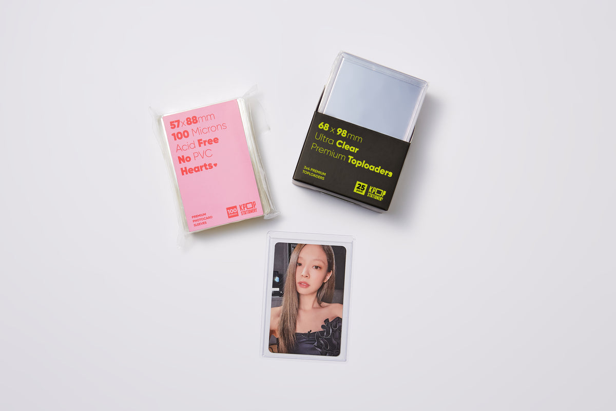 Premium clear K-pop photocard toploaders with heart holographic sleeves for trading and display